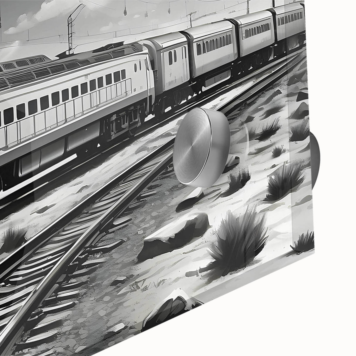 Vibrant close-up of an acrylic glass wall art piece showcasing a detailed railroad landscape design, featuring lush greenery and dynamic train tracks, perfect for modern decor.
