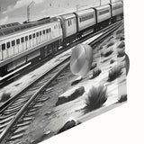 Vibrant close-up of an acrylic glass wall art piece showcasing a detailed railroad landscape design, featuring lush greenery and dynamic train tracks, perfect for modern decor.