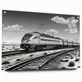 Acrylic glass wall art featuring a vibrant landscape with railroads, displayed from the side, showcasing intricate details and a modern design, ideal for home decor.