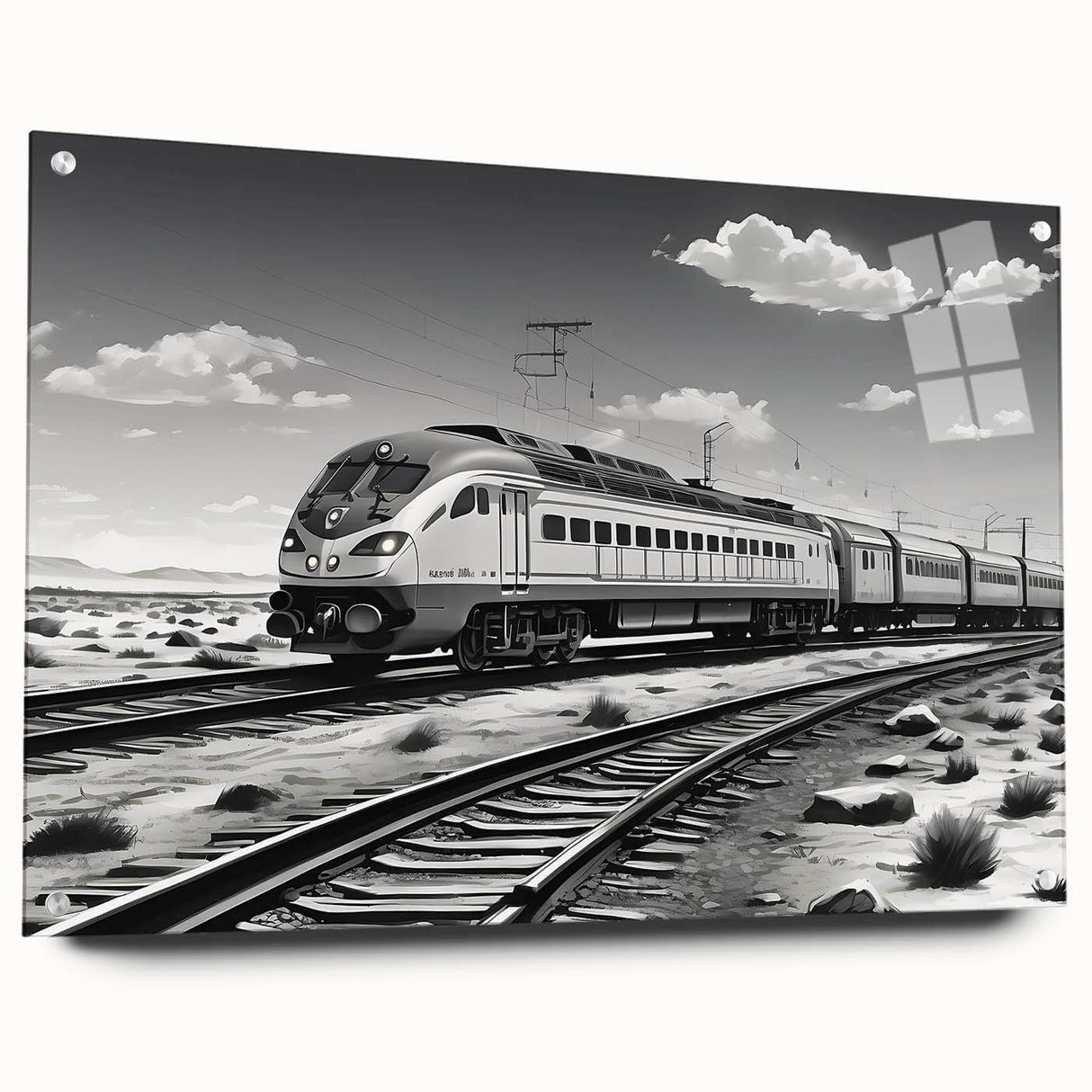 Acrylic glass wall art featuring a vibrant landscape with railroads, displayed from the side, showcasing intricate details and a modern design, ideal for home decor.