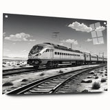 Acrylic glass wall art featuring a vibrant landscape with railroads, displayed from the side, showcasing intricate details and a modern design, ideal for home decor.