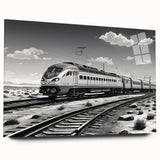 Acrylic glass wall art showcasing a vibrant landscape featuring a railroad scene, presented in a sleek side view without pins, emphasizing the intricate design and colors.