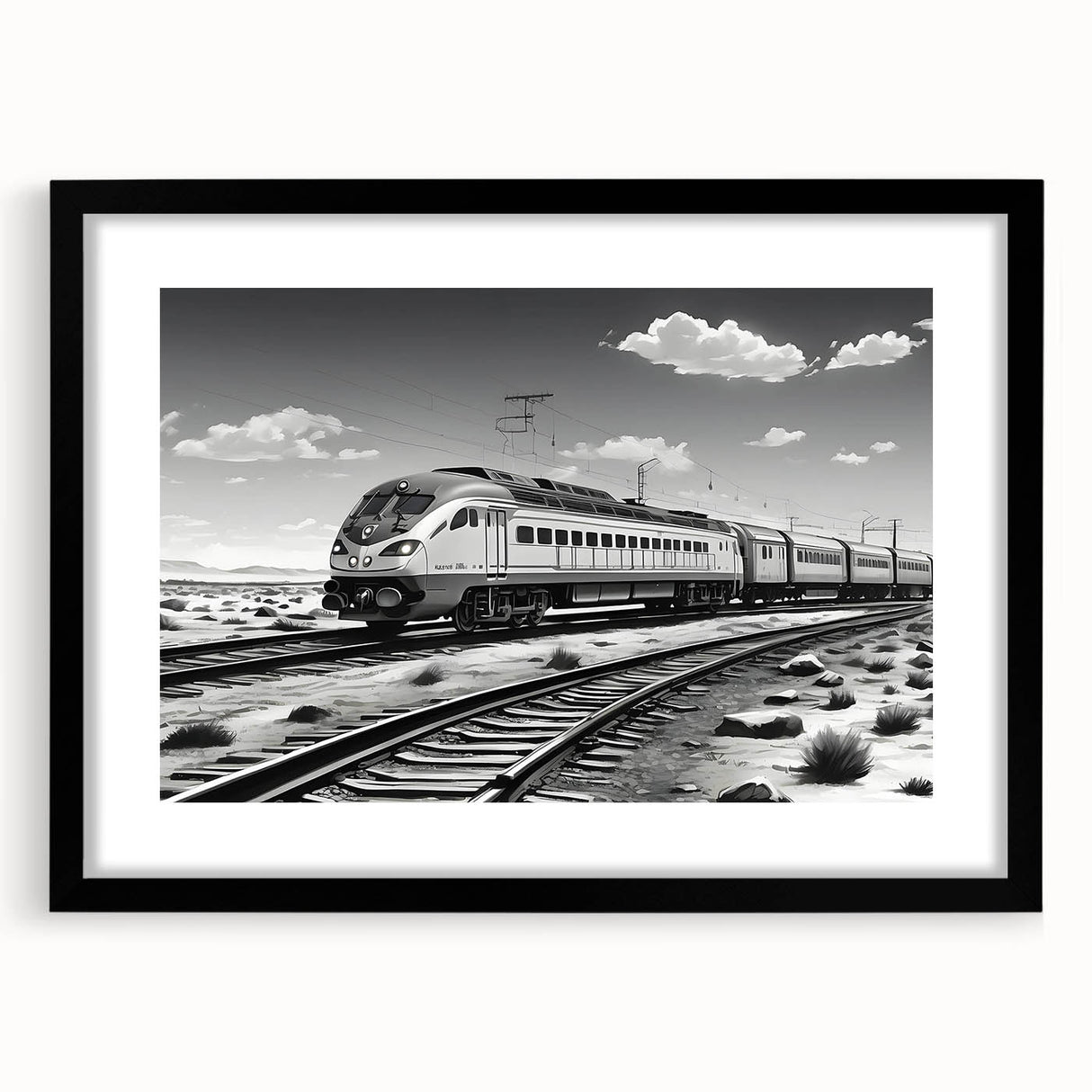 Framed wall art featuring a scenic landscape with railroad tracks, set in a sleek black frame with a mat, perfect for enhancing modern home decor.