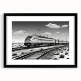 Framed wall art featuring a scenic landscape with railroad tracks, set in a sleek black frame with a mat, perfect for enhancing modern home decor.