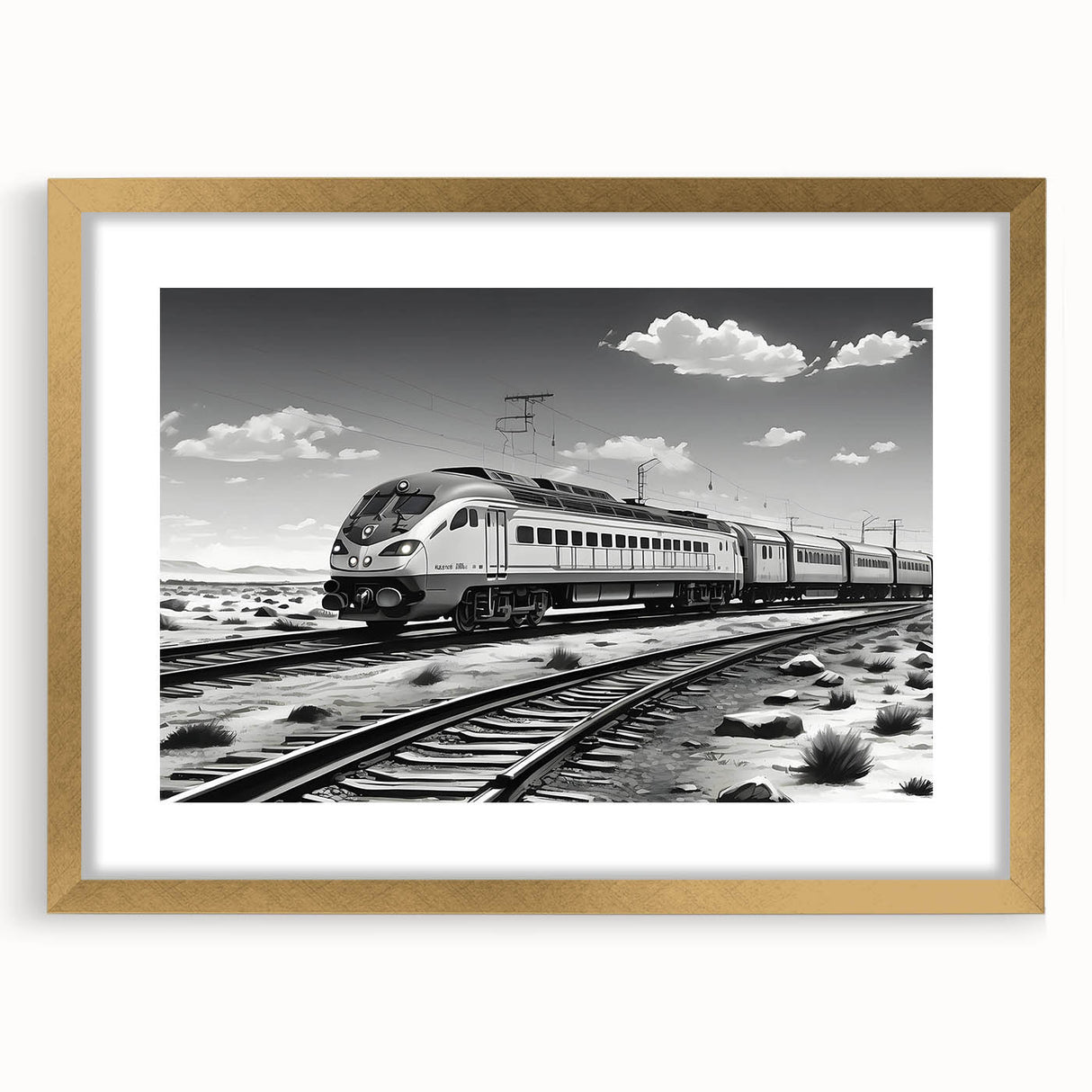 Framed wall art featuring a scenic landscape with railroads, elegantly matted in gold, perfect for enhancing home decor and adding sophistication to any room.