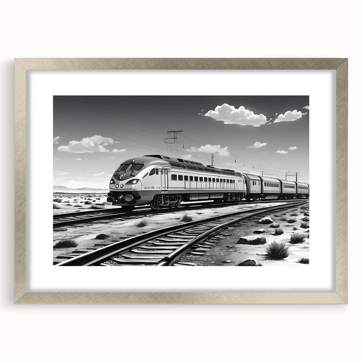Framed wall art featuring a scenic railroad landscape design with a silver mat, showcasing vibrant colors and intricate details, perfect for home decor enhancement.