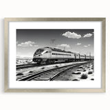 Framed wall art featuring a scenic railroad landscape design with a silver mat, showcasing vibrant colors and intricate details, perfect for home decor enhancement.