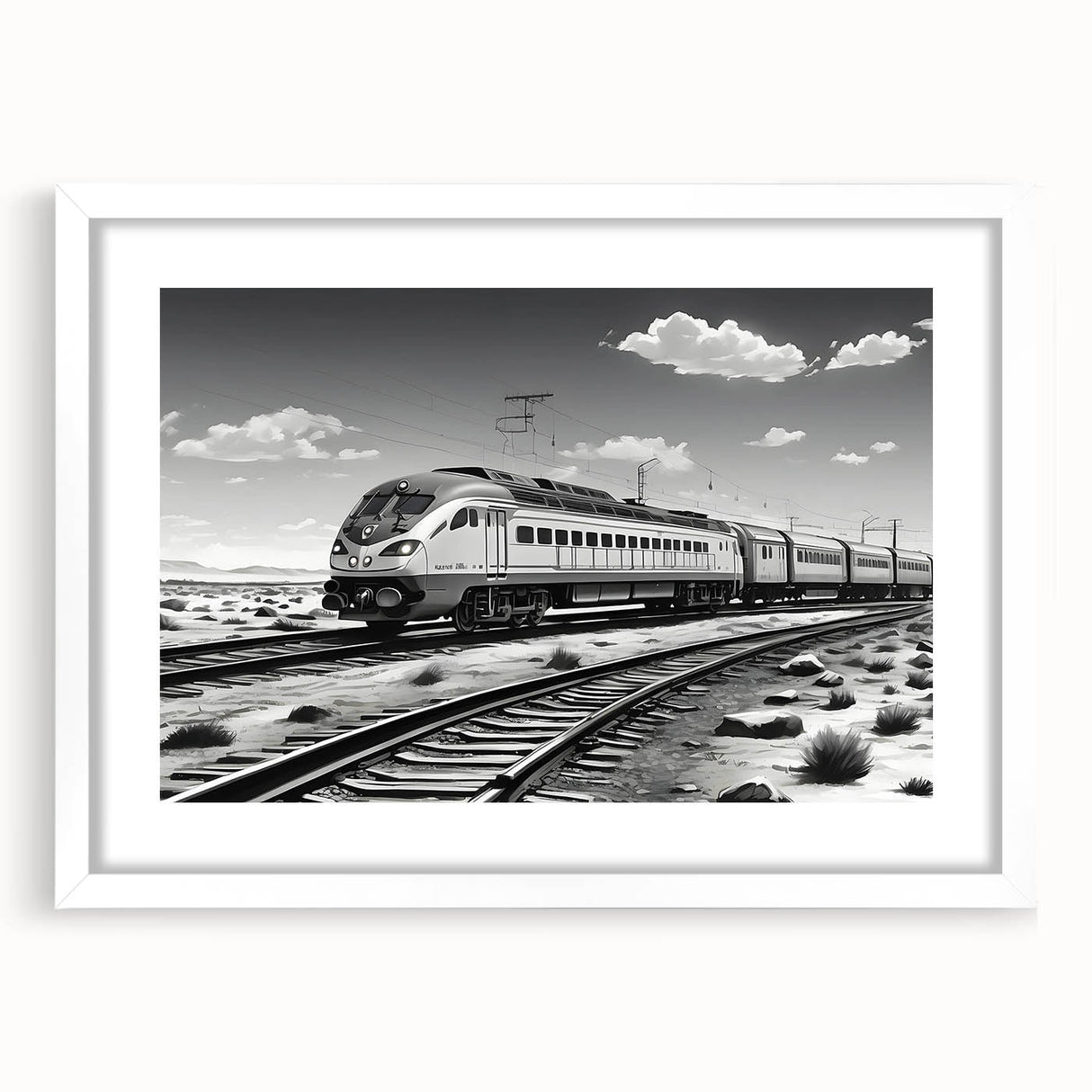 Framed wall art collection showcasing a scenic railroad landscape design, featuring a white mat and sleek frame, ideal for home or office decor.