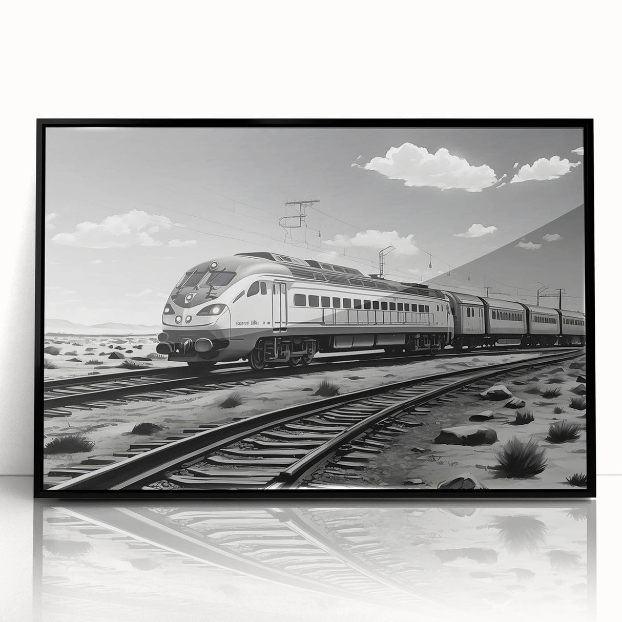 Framed wall art collection showcasing a scenic railroad landscape with vibrant colors, set in a sleek black frame, perfect for modern home decor.