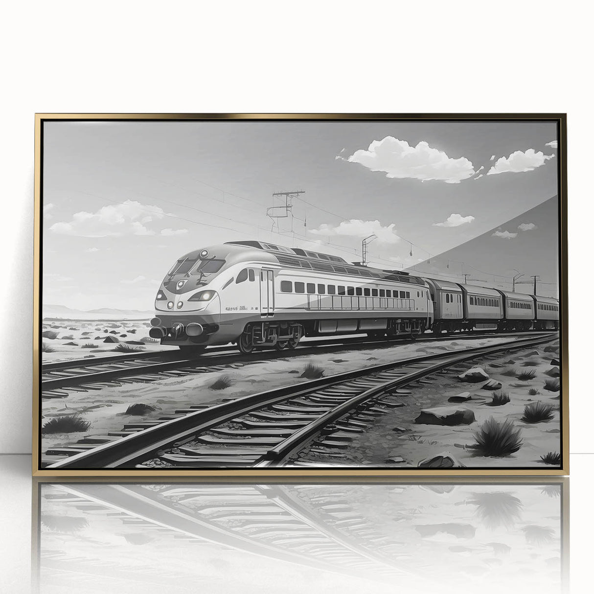 Framed acrylic wall art featuring a stunning landscape with railroads, adorned in a gold frame, perfect for enhancing modern decor. Ideal for train enthusiasts.