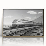 Framed acrylic wall art featuring a stunning landscape with railroads, adorned in a gold frame, perfect for enhancing modern decor. Ideal for train enthusiasts.