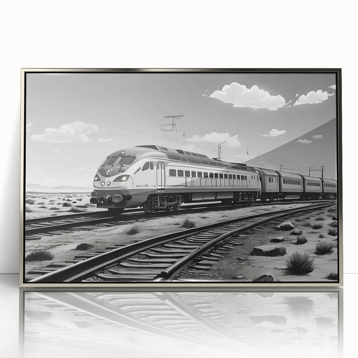 Framed wall art featuring a stunning landscape design showcasing a railroad scene, with a sleek silver frame and acrylic front, enhancing the vibrant colors and details. Ideal for adding a touch of elegance to home decor.