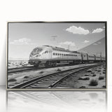 Framed wall art featuring a stunning landscape design showcasing a railroad scene, with a sleek silver frame and acrylic front, enhancing the vibrant colors and details. Ideal for adding a touch of elegance to home decor.