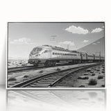 Framed acrylic wall art featuring a vibrant landscape and railroad design, showcasing vivid colors and intricate details, perfect for modern home decor.
