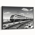 Framed canvas wall art showcasing a vibrant landscape with railroads, featuring rich colors and intricate details, set against a black frame, ideal for home decor.