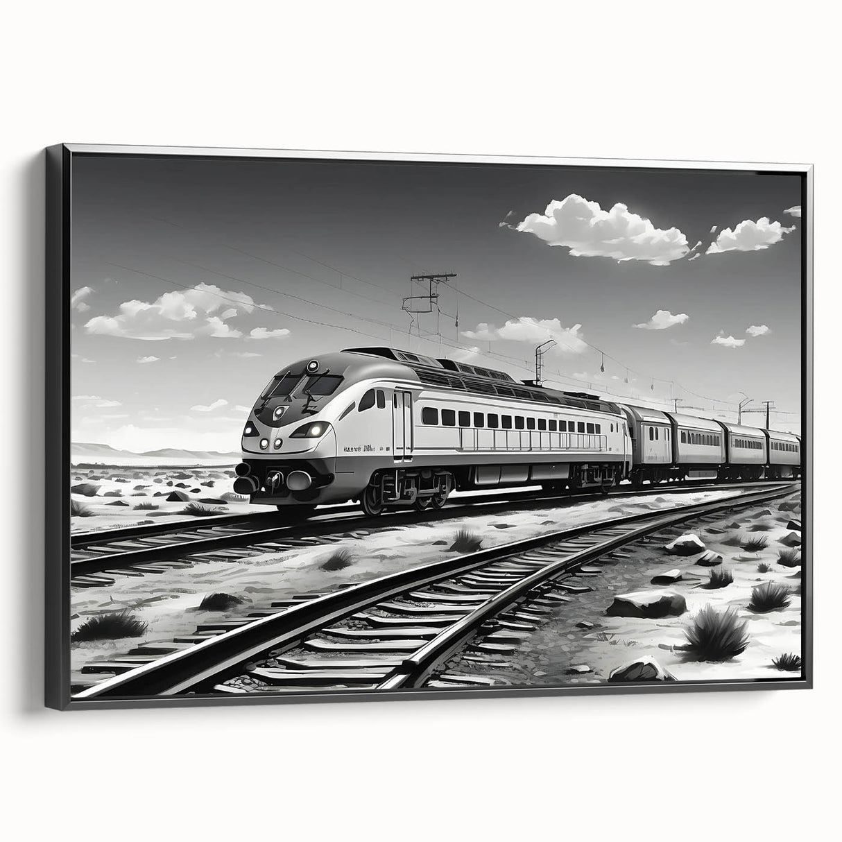 Framed canvas wall art showcasing a vibrant landscape with railroads, featuring rich colors and intricate details, set against a black frame, ideal for home decor.