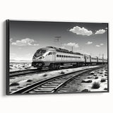 Framed canvas wall art showcasing a vibrant landscape with railroads, featuring rich colors and intricate details, set against a black frame, ideal for home decor.