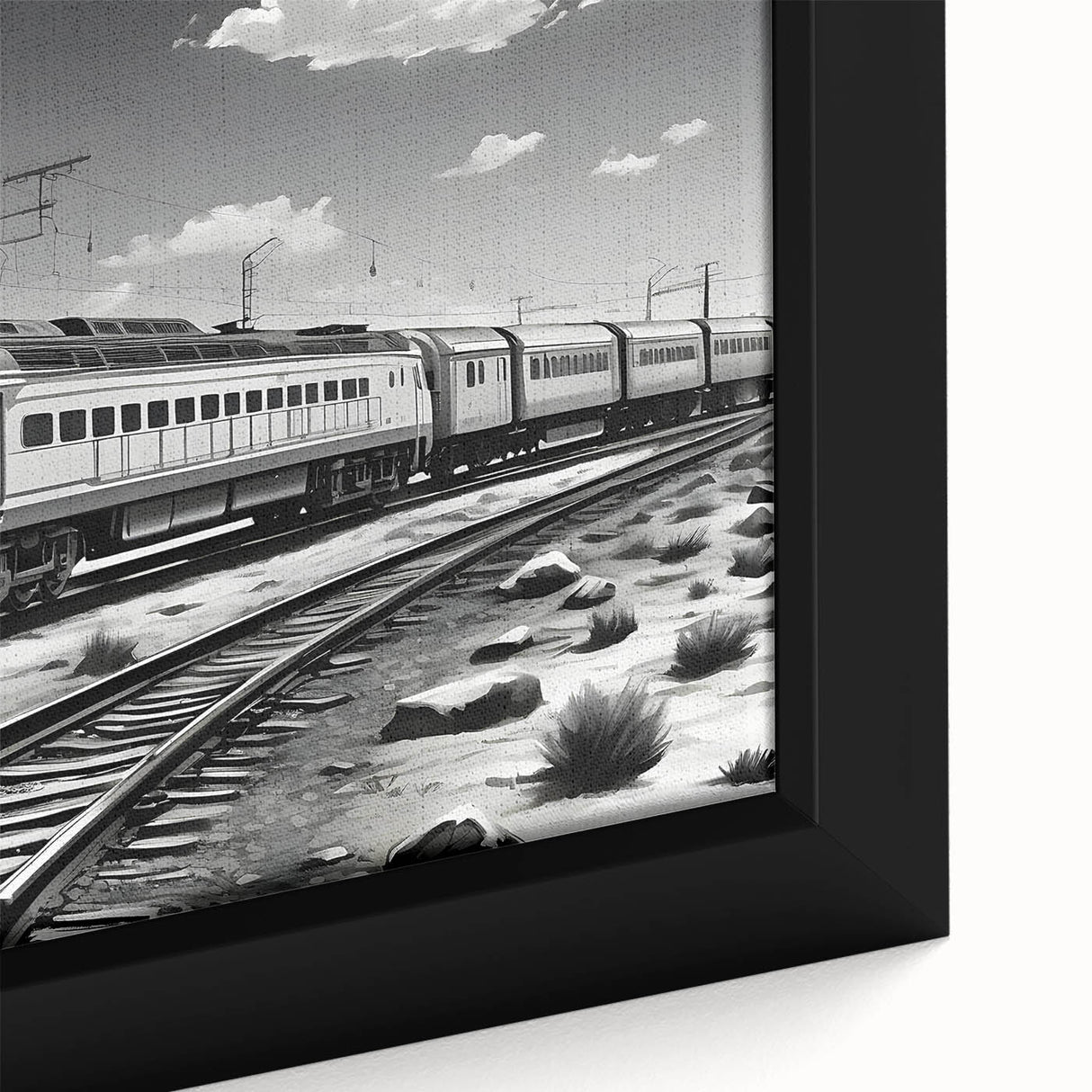 Framed canvas wall art showcasing a vibrant railroad landscape design with rich colors and intricate details, perfect for enhancing home decor.
