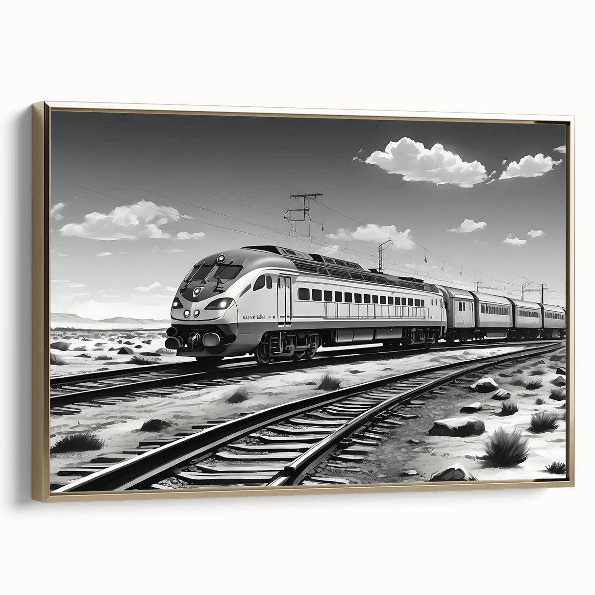 Framed canvas wall art showcasing a vibrant landscape design with a railroad theme, featuring rich colors and a sleek gold frame, perfect for enhancing modern decor.