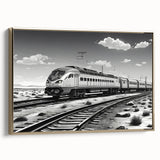 Framed canvas wall art showcasing a vibrant landscape design with a railroad theme, featuring rich colors and a sleek gold frame, perfect for enhancing modern decor.