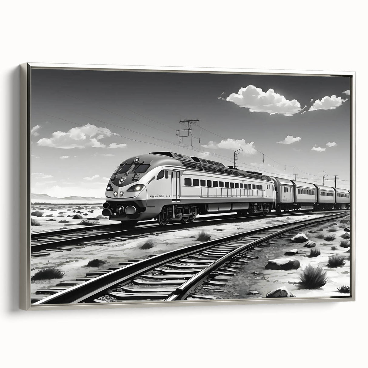 Framed canvas wall art depicting a serene railroad landscape with vibrant colors, showcasing silver accents and intricate details, ideal for modern home decor.