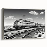 Framed canvas wall art depicting a serene railroad landscape with vibrant colors, showcasing silver accents and intricate details, ideal for modern home decor.