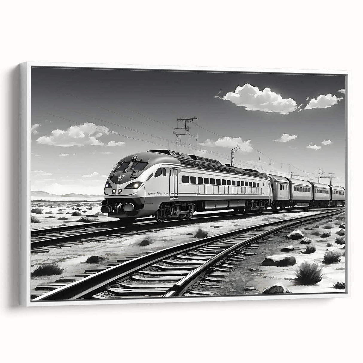 Framed wall art featuring a serene landscape with a railroad track winding through lush greenery, showcasing vibrant colors and intricate details, perfect for home decor.
