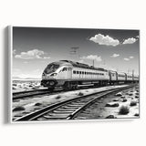 Framed wall art featuring a serene landscape with a railroad track winding through lush greenery, showcasing vibrant colors and intricate details, perfect for home decor.