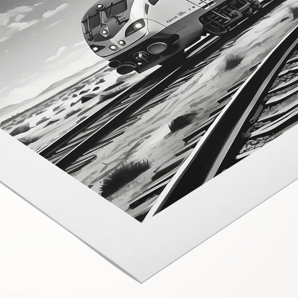 Rolled canvas depicting a vibrant railroad landscape scene with lush greenery and blue skies, perfect for enhancing home decor. Packaged securely in a durable tube for easy transport.