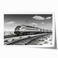 Rolled wall art print showcasing a vibrant landscape with railroad tracks under a clear blue sky, designed for home decor, emphasizing scenic beauty and adventure.