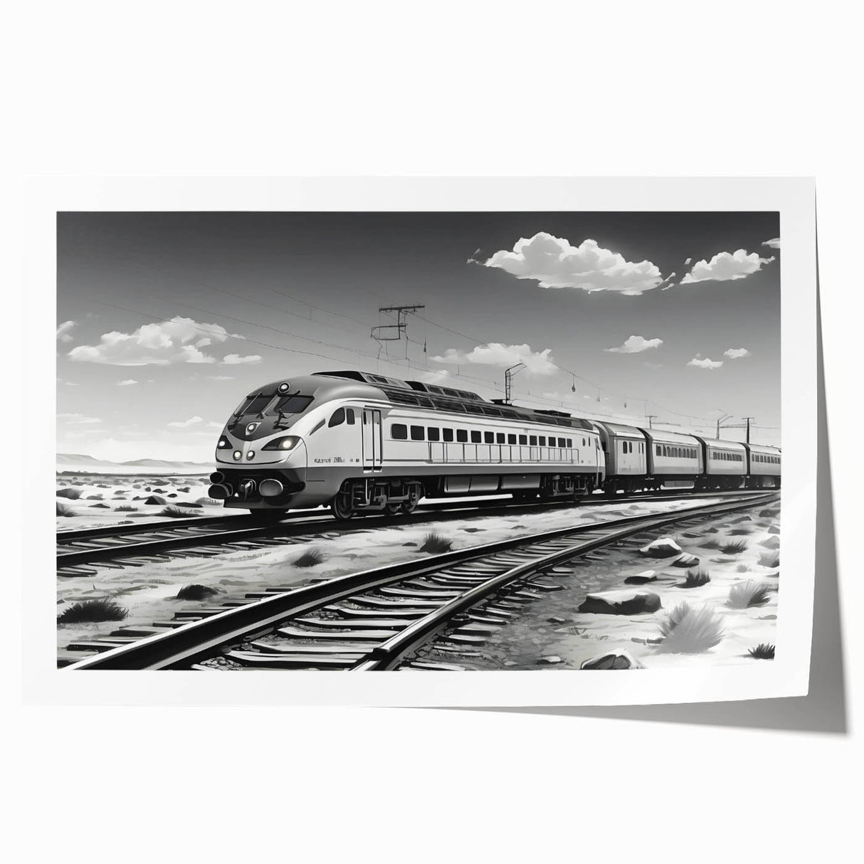 Rolled wall art print showcasing a vibrant landscape with railroad tracks under a clear blue sky, designed for home decor, emphasizing scenic beauty and adventure.