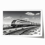 Rolled wall art print showcasing a vibrant landscape with railroad tracks under a clear blue sky, designed for home decor, emphasizing scenic beauty and adventure.