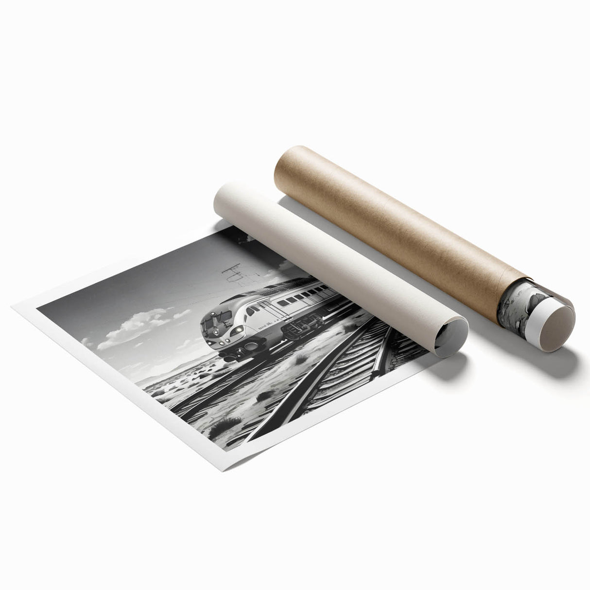 Rolled print of a scenic railroad landscape design featuring vibrant colors, ideal for home or office decor, showcasing nature's beauty and tranquility.