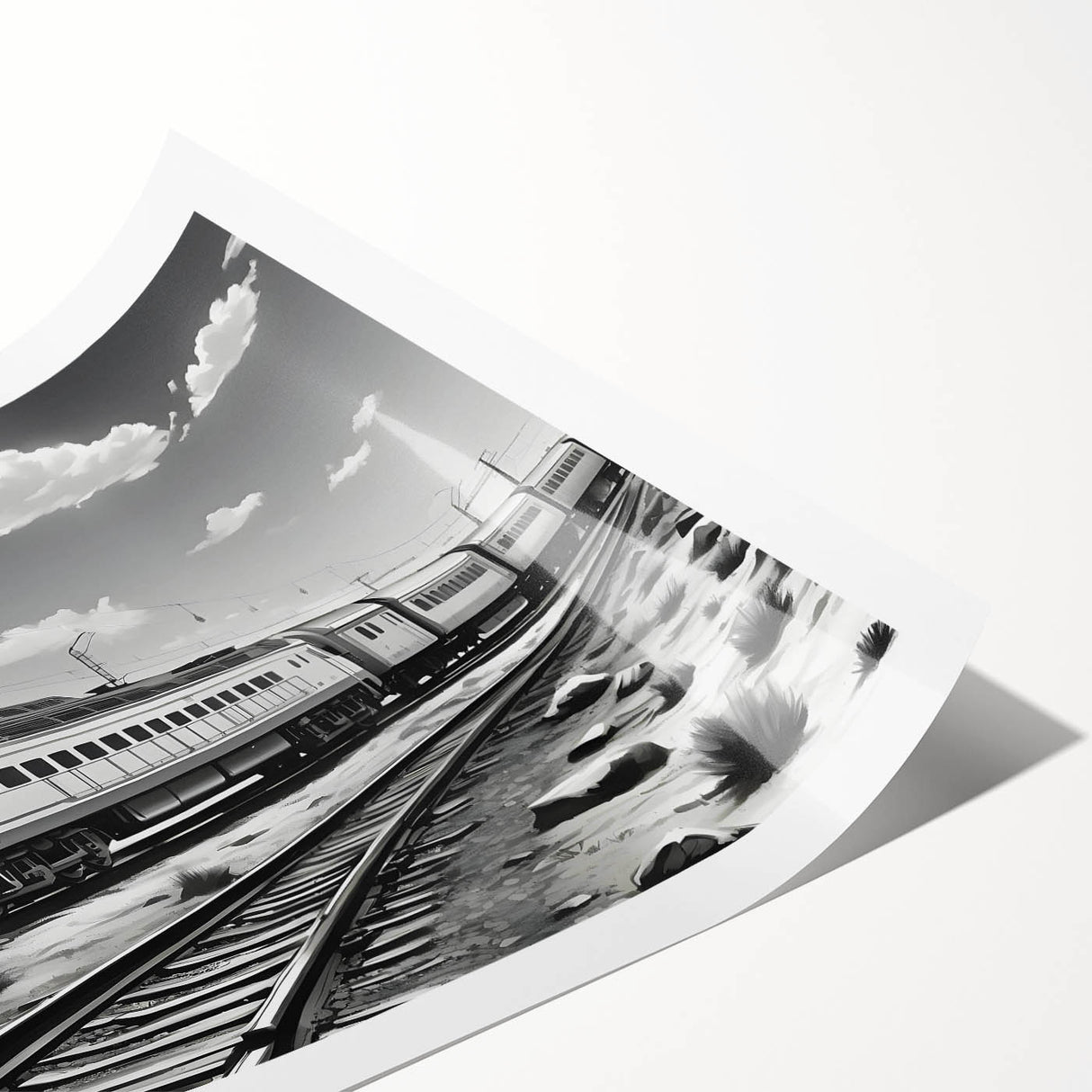Rolled print showcasing a vibrant railroad landscape design, featuring intricate details of tracks and scenery, packaged securely for easy display and protection.