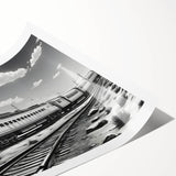 Rolled print showcasing a vibrant railroad landscape design, featuring intricate details of tracks and scenery, packaged securely for easy display and protection.