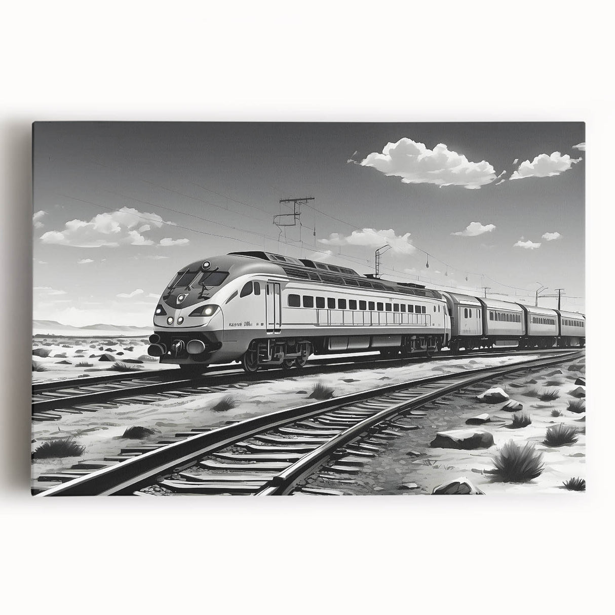 Stretched canvas wall art showcasing a vibrant landscape design with railroad tracks, ideal for home decor, featuring rich colors and detailed textures.