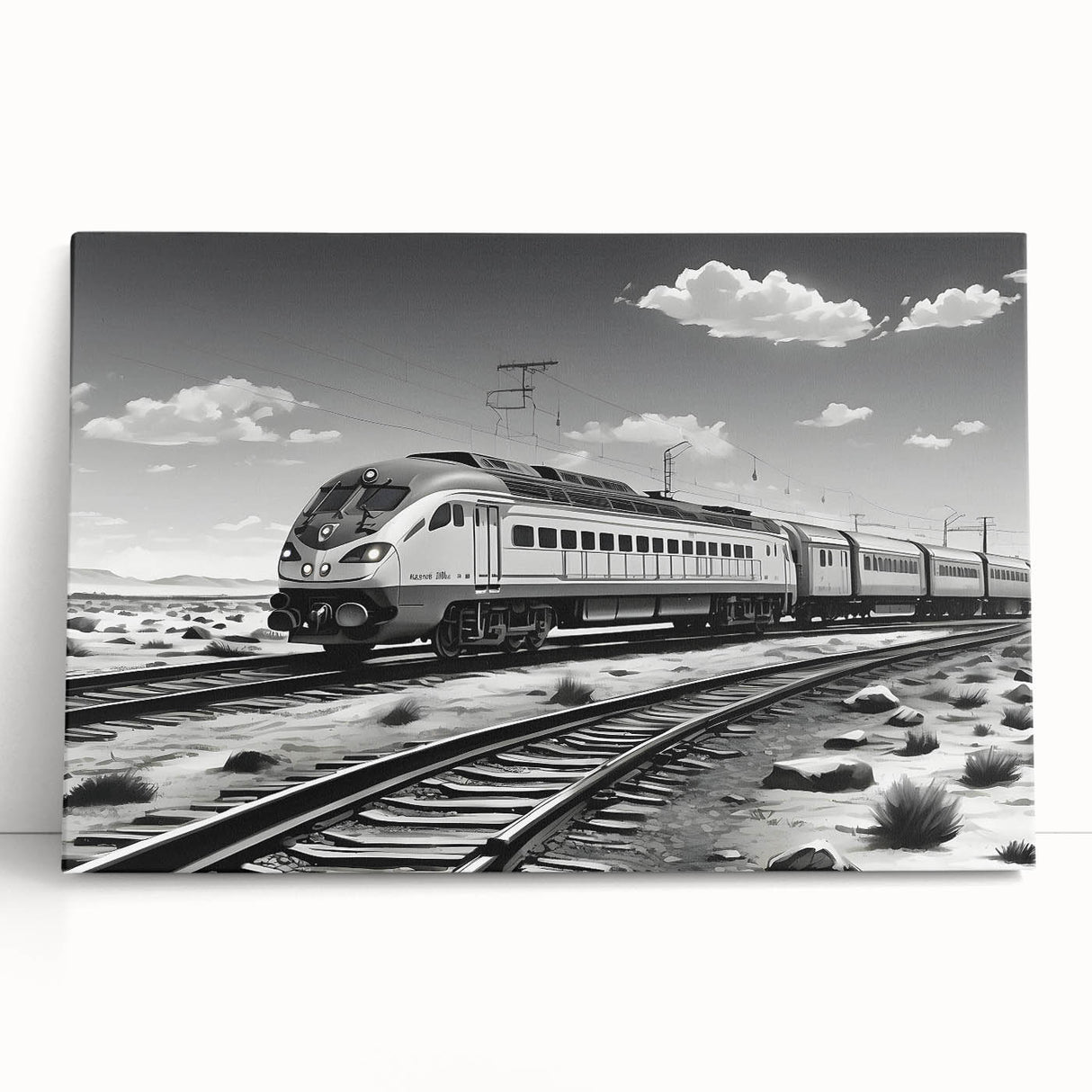 Stretched canvas wall art showcasing a vibrant landscape with railroads, featuring lush greenery and a bright blue sky, perfect for home décor or office spaces.