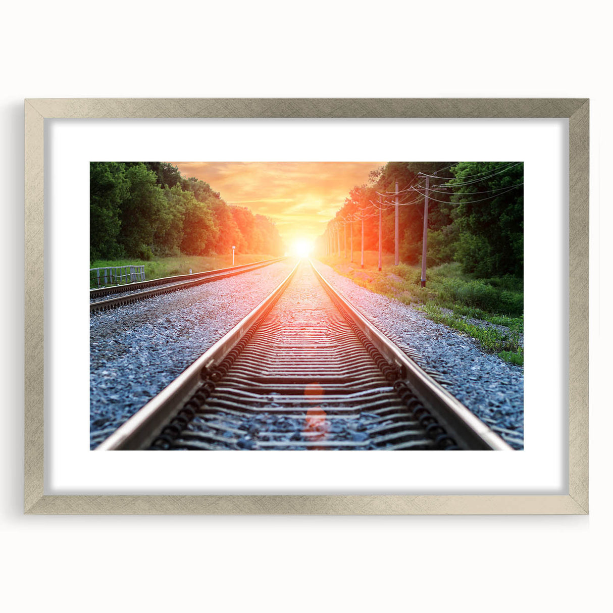 Framed wall art collection showcasing a stunning landscape and railroad design, featuring a silver frame and mat, perfect for home decor enhancement.