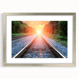 Framed wall art collection showcasing a stunning landscape and railroad design, featuring a silver frame and mat, perfect for home decor enhancement.
