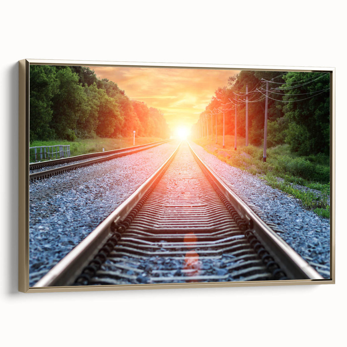 Framed canvas wall art showcasing a vibrant railroad landscape design with rich gold accents, perfect for adding a touch of elegance to any room's decor.