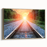 Framed canvas wall art showcasing a vibrant railroad landscape design with rich gold accents, perfect for adding a touch of elegance to any room's decor.