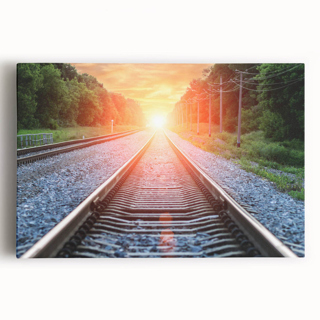 Stretched canvas artwork showcasing a vibrant landscape with a railroad theme, featuring rich colors and intricate details, perfect for home decor and art enthusiasts.