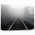 Acrylic glass wall art collection featuring scenic landscapes and railroads, displayed in a side view with pins, perfect for modern decor enthusiasts.