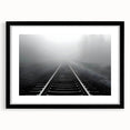Framed black wall art collection showcasing railroad landscapes, featuring a sleek design with matting that enhances the artwork's details, ideal for modern decor.