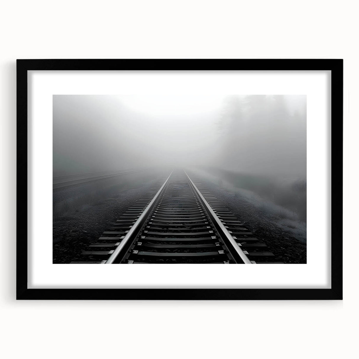 Framed black wall art collection showcasing railroad landscapes, featuring a sleek design with matting that enhances the artwork's details, ideal for modern decor.