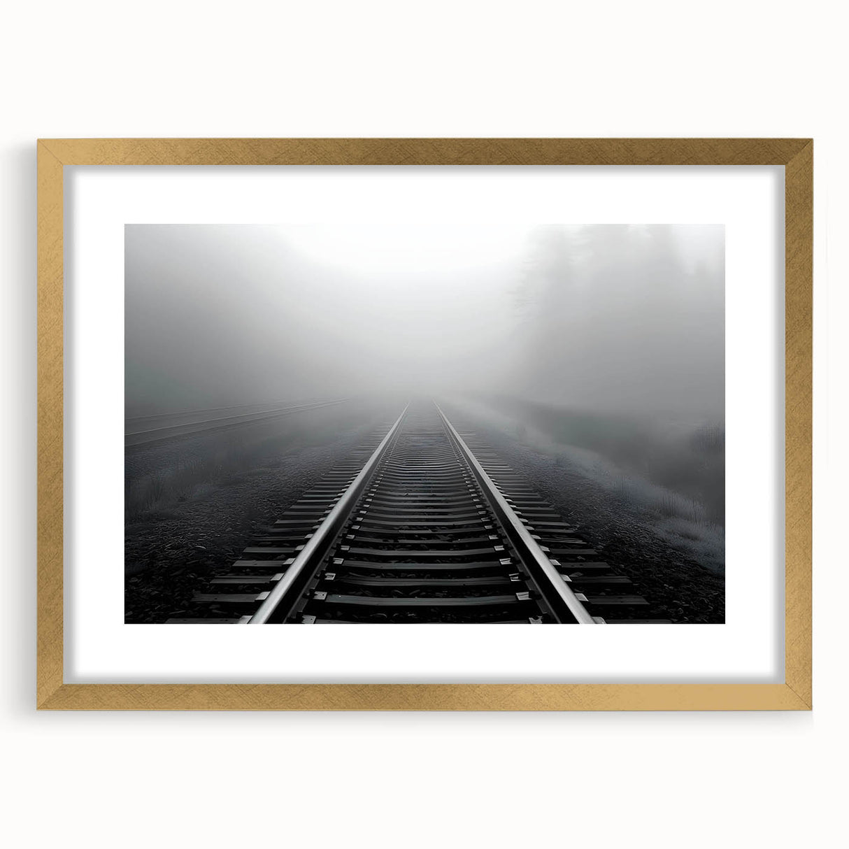 Framed wall art collection featuring a scenic railroad landscape design with a gold mat, showcasing intricate details and vibrant colors, perfect for home decor.