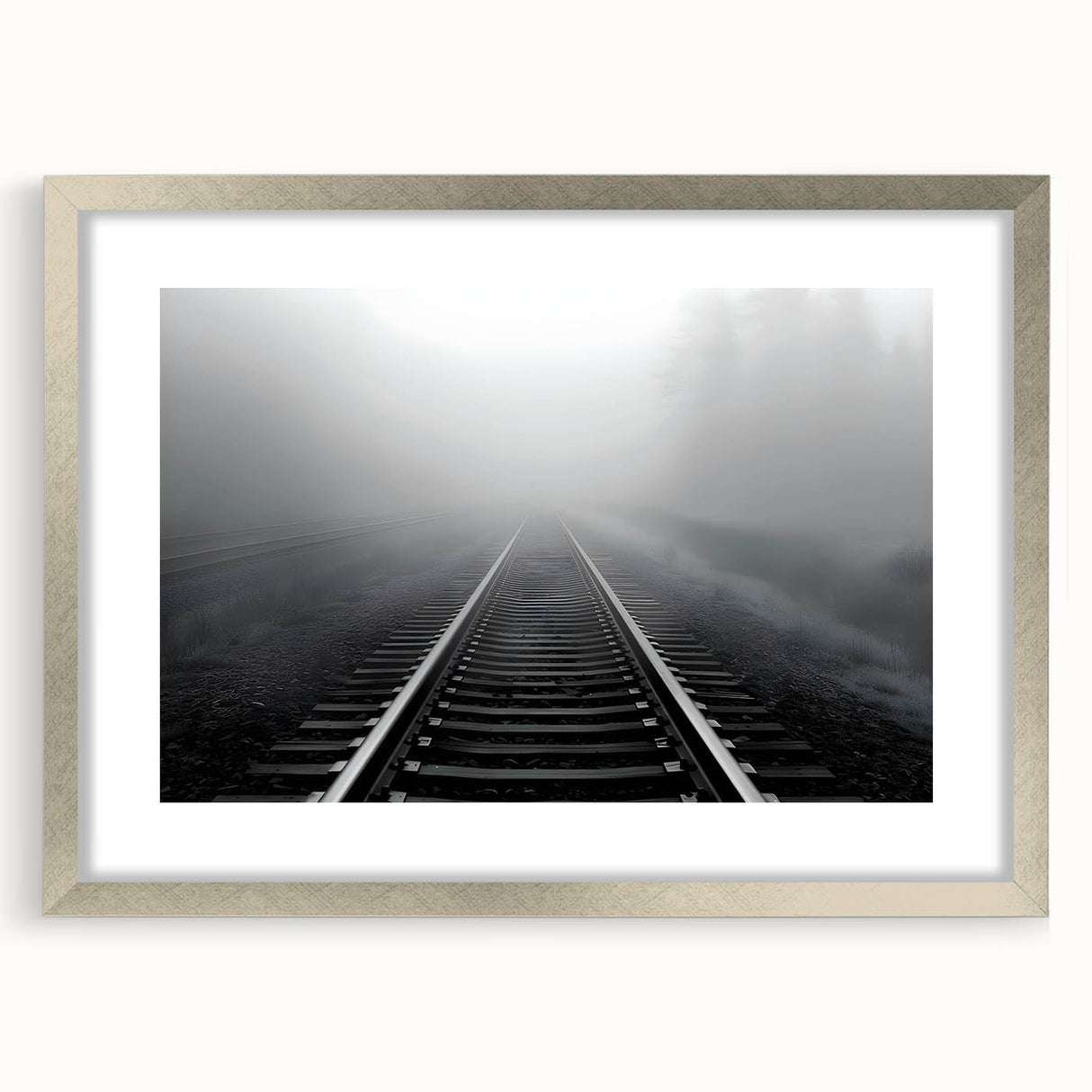 Framed wall art collection showcasing vibrant landscape and railroad designs in a sleek silver frame with a decorative mat, perfect for home decor enhancement.