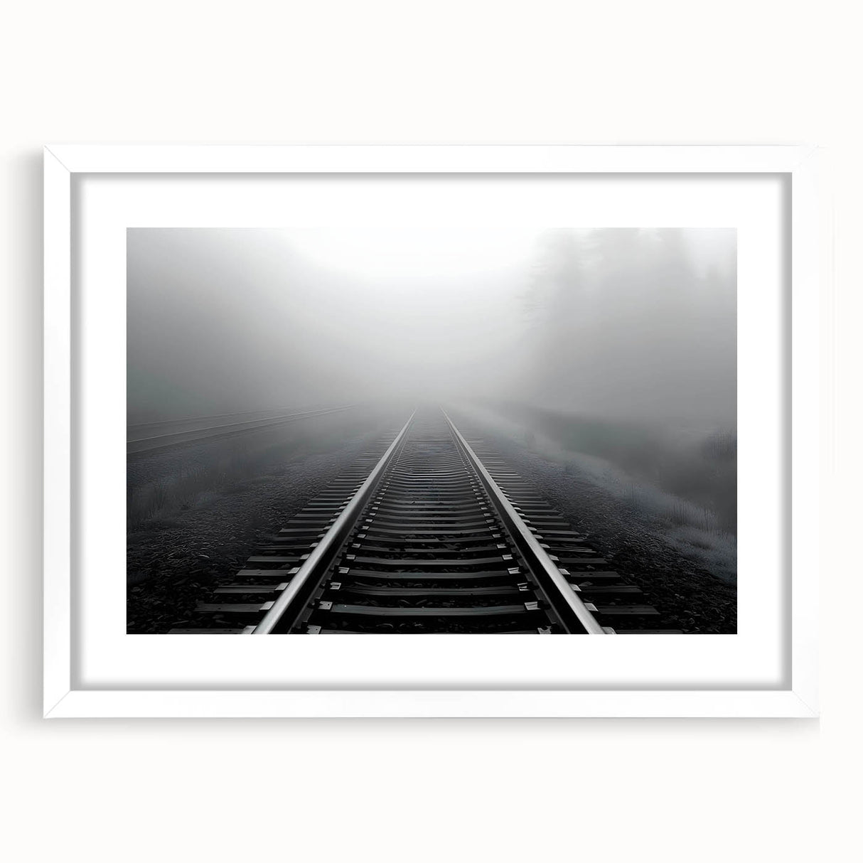 Framed wall art collection showcasing a serene landscape with railroads, featuring a white mat and sleek frame, perfect for modern home decor.