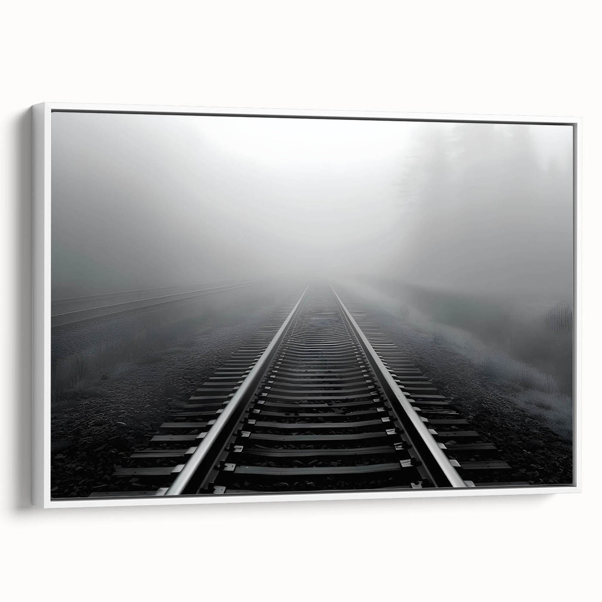 Framed canvas wall art collection showcasing scenic landscapes and railroads in a modern design, featuring a white frame and a side view display for home decoration.