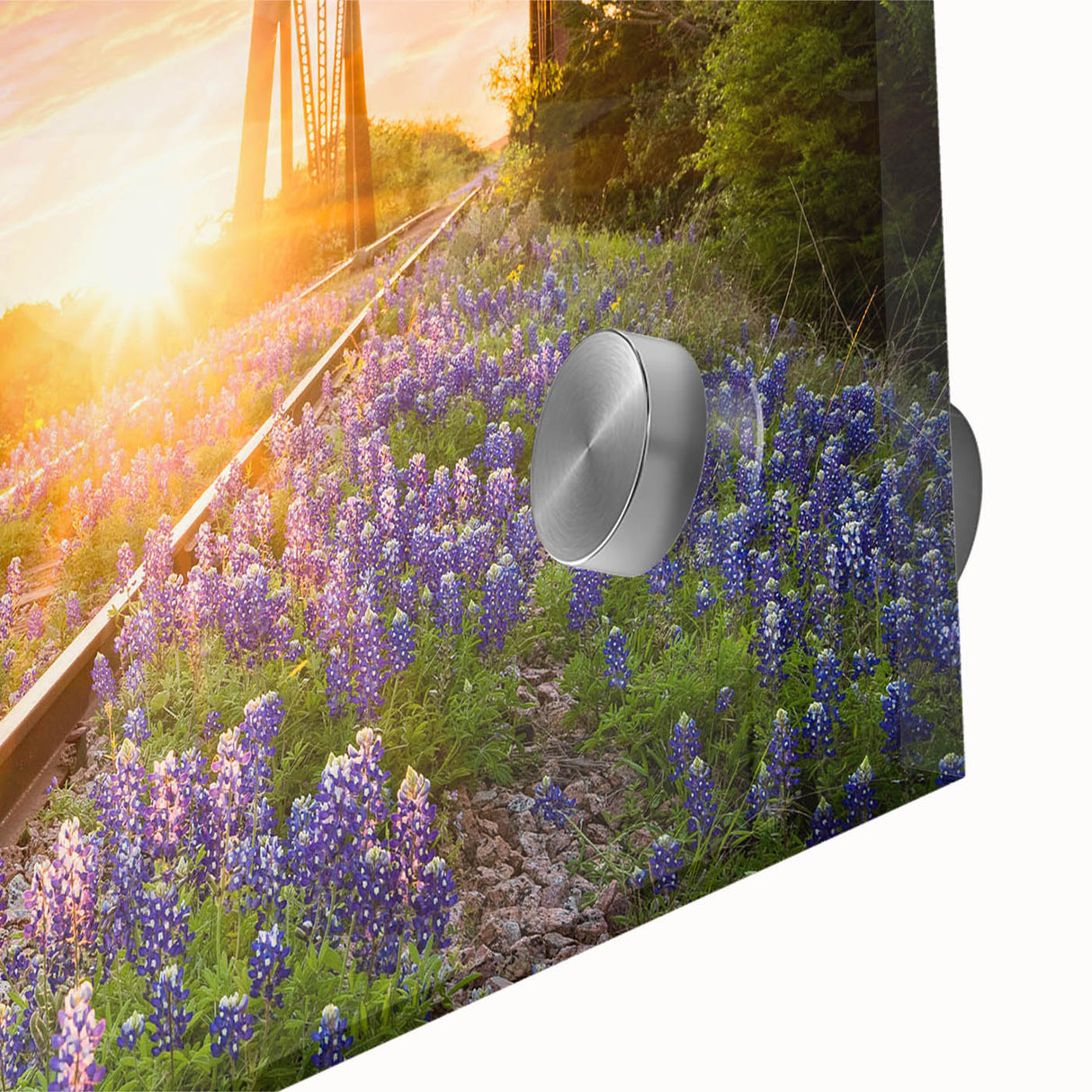 Close-up of a vibrant acrylic glass wall art piece showcasing a stunning landscape design with railroad elements, perfect for home décor enthusiasts.